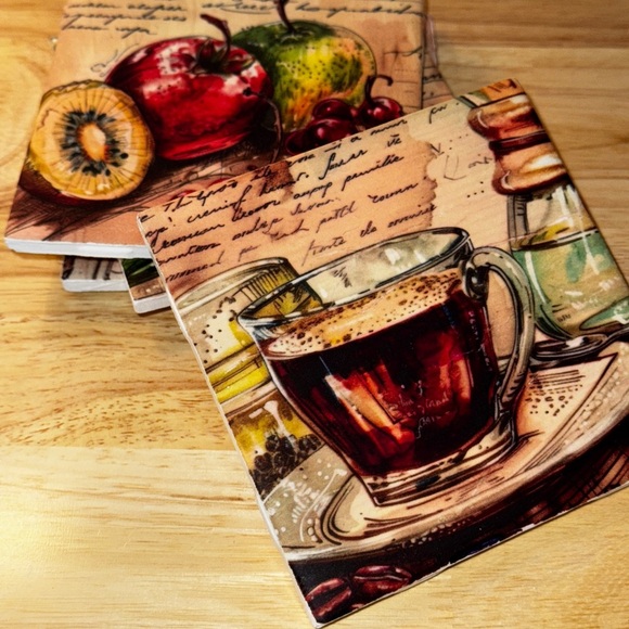 Handmade Vintage Style Fruit and Coffee Ceramic Tile Coasters - Picture 6 of 8